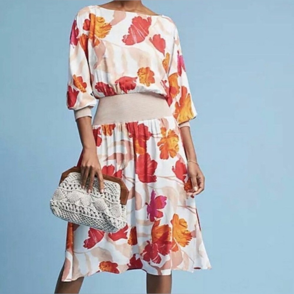 Anthropologie Gemma Floral Dress by Maeve Stretch Waist Silhouette Rayon Size L